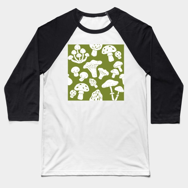 Cottagecore Mushroom Hunting Olive Green Seamless Pattern Baseball T-Shirt by ichewsyou